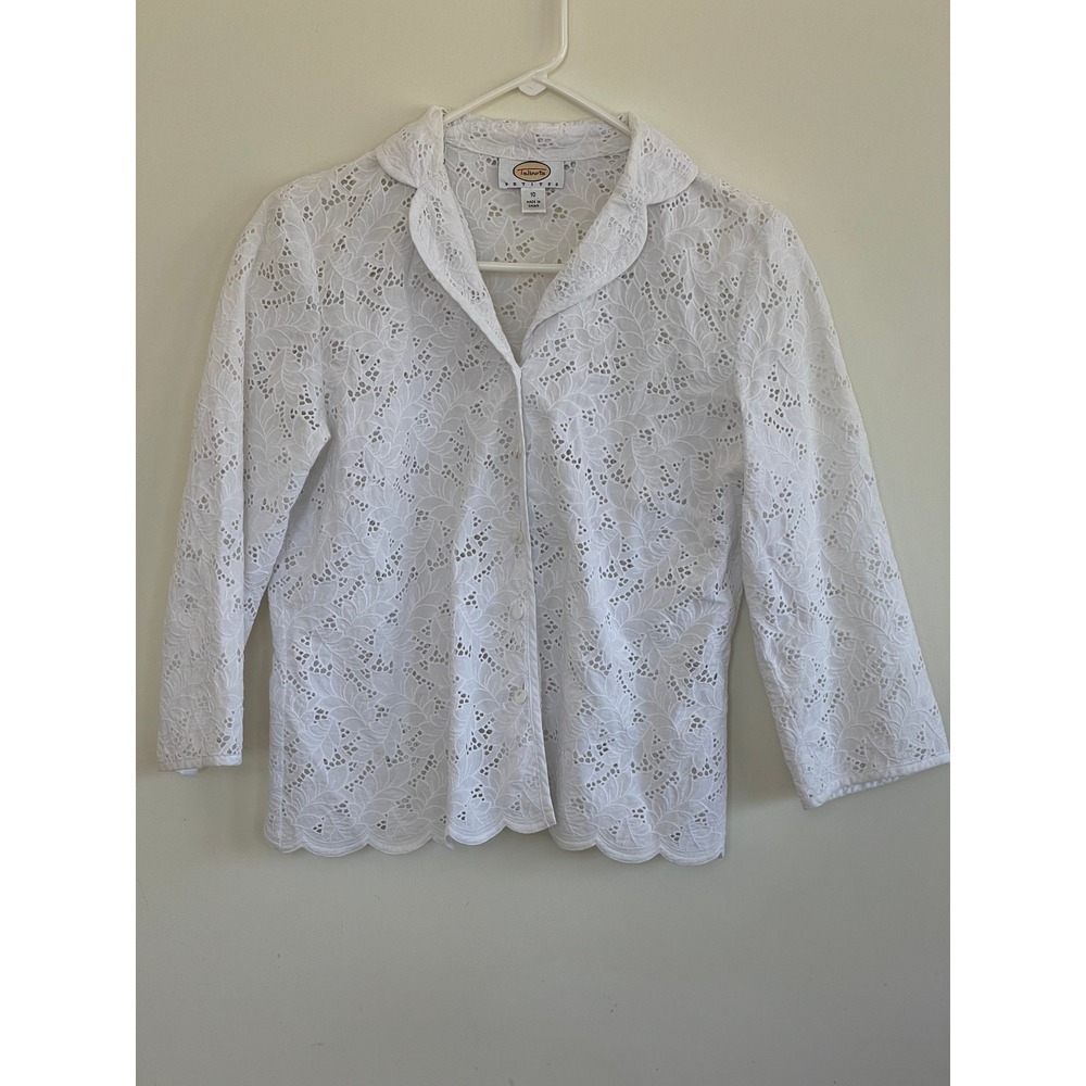 Talbots‎ Petites White Eyelet Cotton Button Down Shirt Scalloped Hem Size 10P